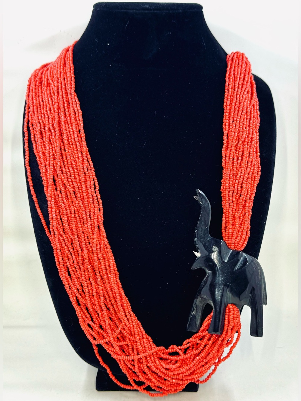 Red Multi-Strand Seed Beaded Necklace W/Carved Wood Black Elephant Pendant 36”